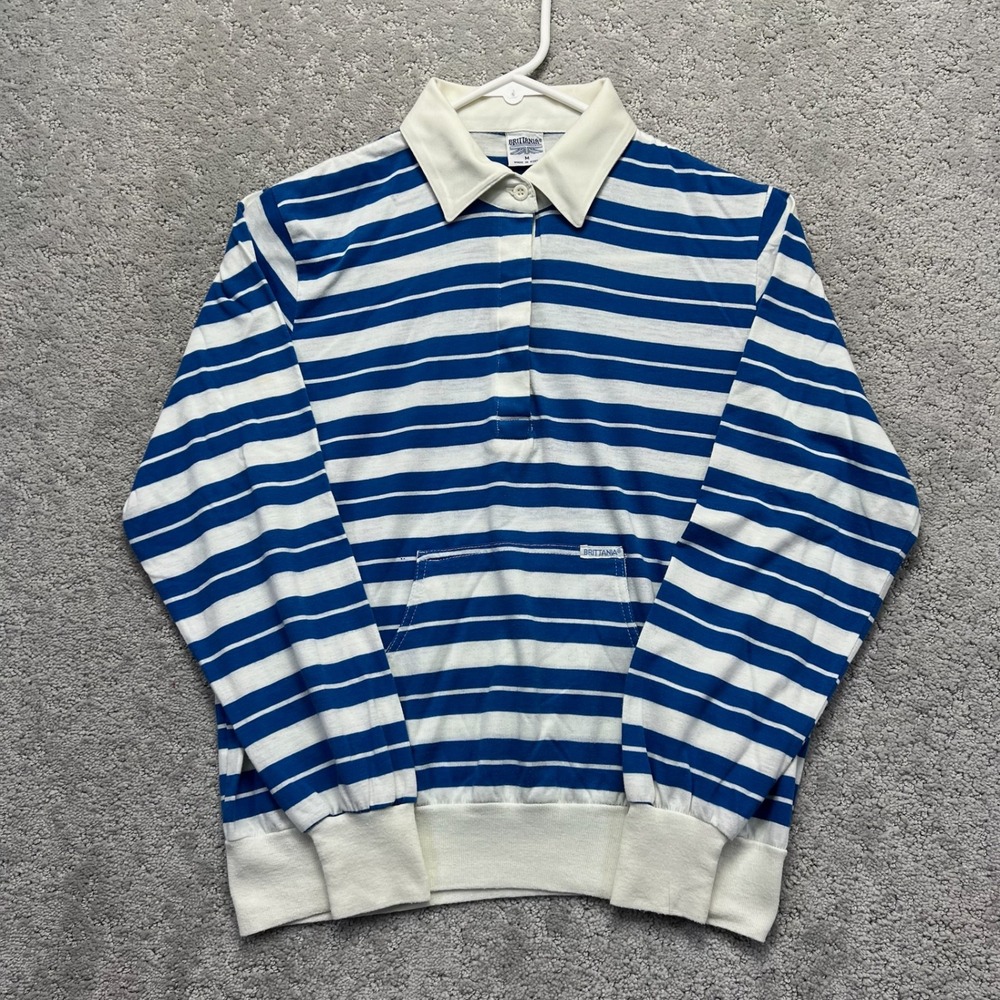 VINTAGE Brittania Polo Shirt Womens M Blue White Striped Long Sleeve Pockets